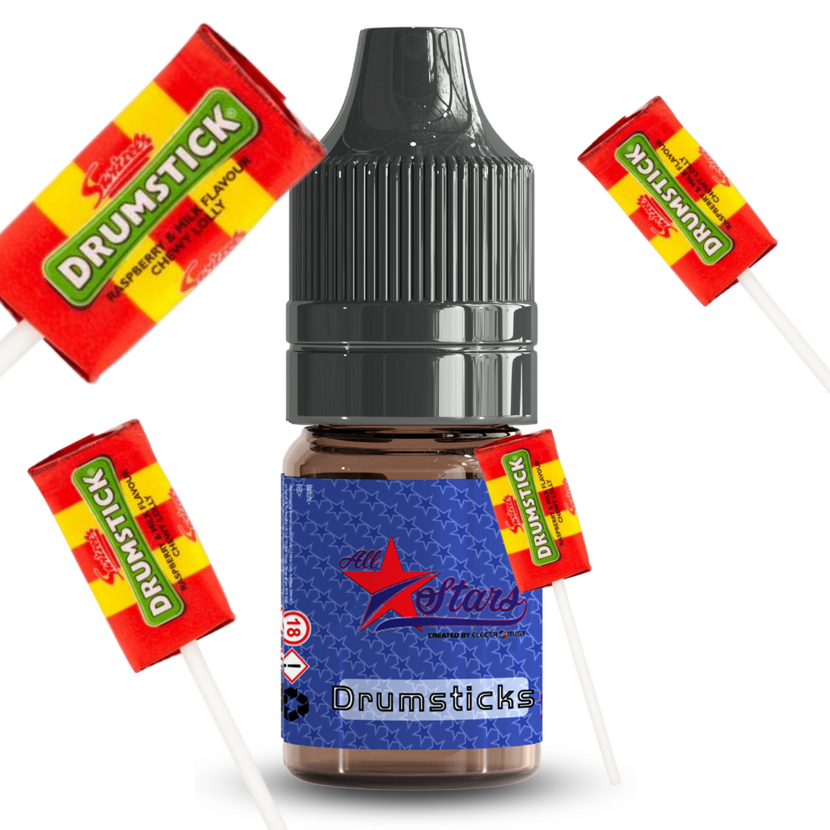 All Stars E-Liquid from the vape brand you can trust, Electromist, . Get your taste buds ready for a flavour sensation, Drumsticks. Nicotine Content: 6mg/12mg/18mg Products may contain nicotine. For over 18s Only ejuice, vape pen, eliquid, e cigarette, 10ml, vaping, cloud, PG, VG, 60/40, vape liquid, Flavour, TPD