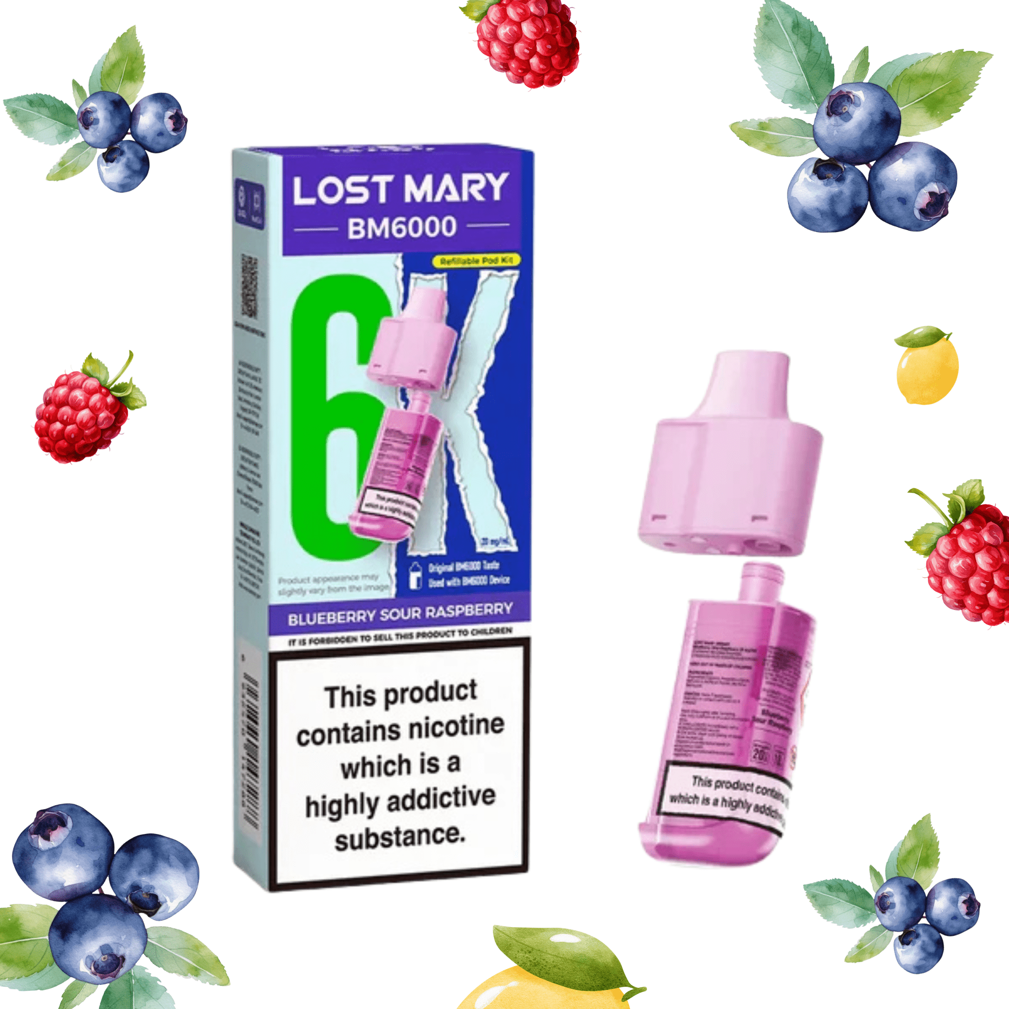 Lost Mary BM6000 - Refillable Pods Blueberry Sour Raspberry 20mg - Electromist.co.ukPod kitsLost Mary