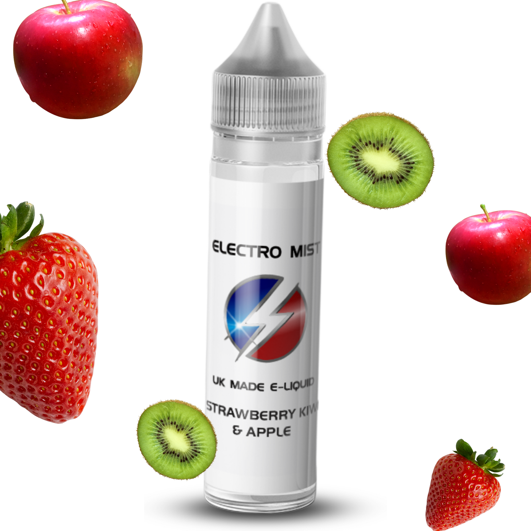 Electromist 50ml, the brand that you can trust for amazing flavour. Get your taste buds ready for a Strawberry Kiwi & Apple flavour sensation. 0mg Nicotine. ejuice, vape pen, eliquid, e cigarette, 50ml, vaping, PG, VG, 70/30, vape liquid, Flavour, Strawberry Kiwi & Apple, cloud.