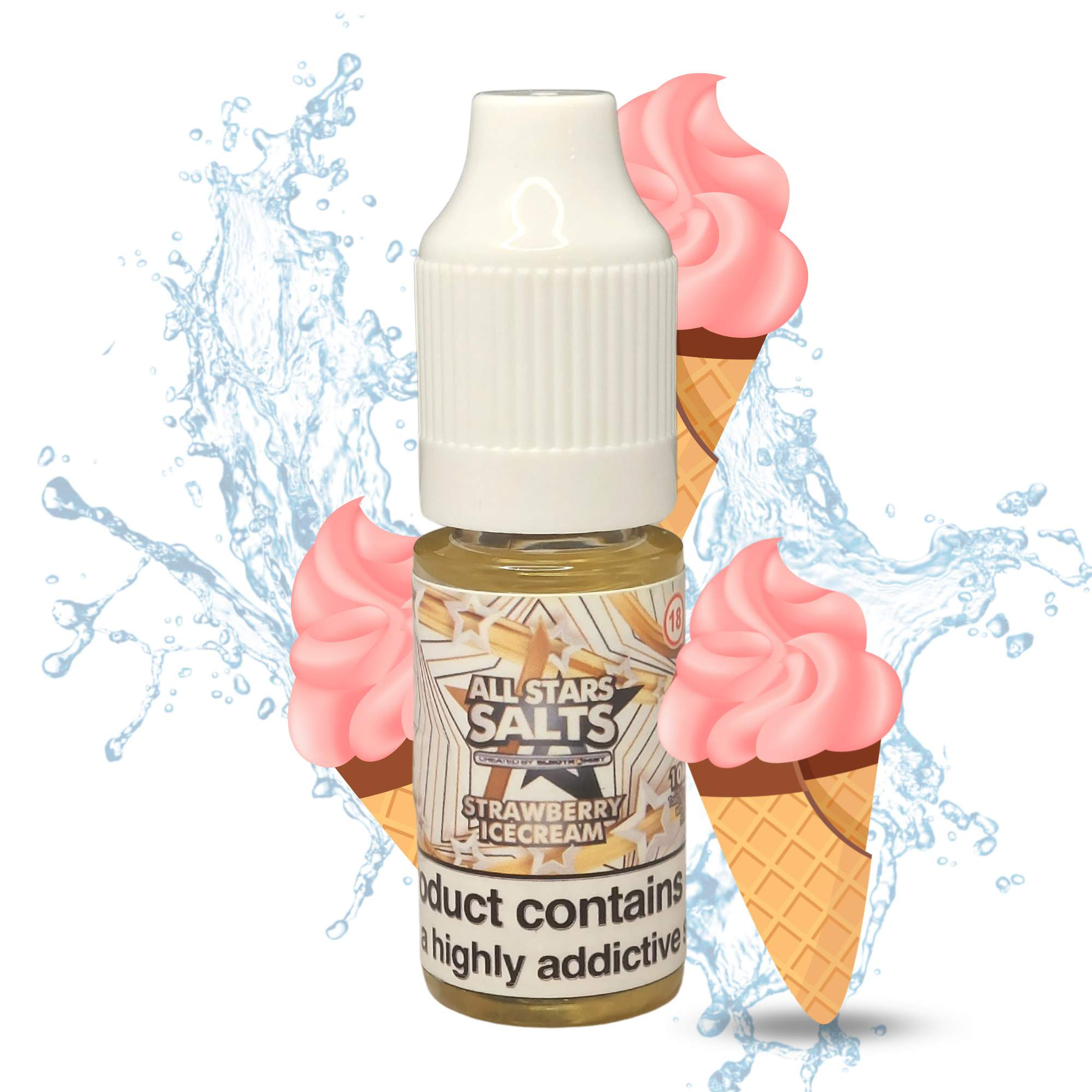All Stars Salts from the vape brand you can trust, Electromist. Get your taste buds ready for a flavour sensation, Strawberry Ice Cream. Nicotine Content: 6mg/12mg/18mg Products may contain nicotine. For over 18s Only ejuice, vape pen, eliquid, e cigarette, 10ml, vaping, cloud, PG, VG, 60/40, vape liquid, Flavour, TPD