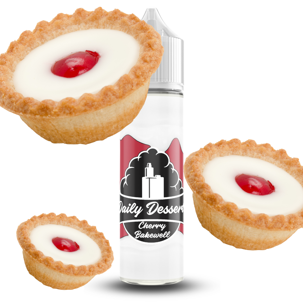 Daily Dessertz 50ml, the brand that you can trust for amazing flavour. Get your taste buds ready for a Cherry Bakewell flavour sensation. 0mg Nicotine. ejuice, vape pen, eliquid, e cigarette, 50ml, vaping, PG, VG, 70/30, vape liquid, Flavour, Cherry Bakewell, cloud.