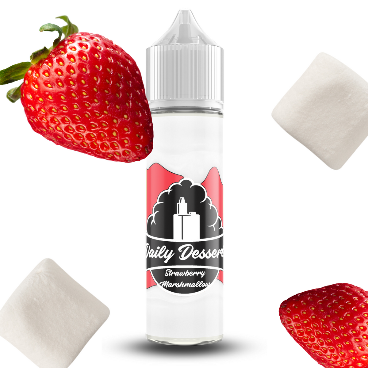 Daily Dessertz 50ml, the brand that you can trust for amazing flavour. Get your taste buds ready for a Strawberry Marshmallow flavour sensation. 0mg Nicotine. ejuice, vape pen, eliquid, e cigarette, 50ml, vaping, PG, VG, 70/30, vape liquid, Flavour, Strawberry Marshmallow, cloud.